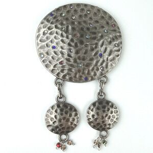 Vintage Brooch Bold Silver Tone Hammered Metal Multi-Color Rhinestone Dangle Pin